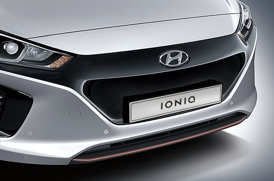 Closer view of side front part of white Ioniq Electric